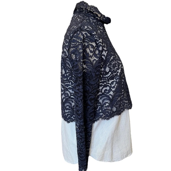 Sandro Long Sleeved Blue Shirt with High Neck Navy Lace Overlay - Picture 3 of 3
